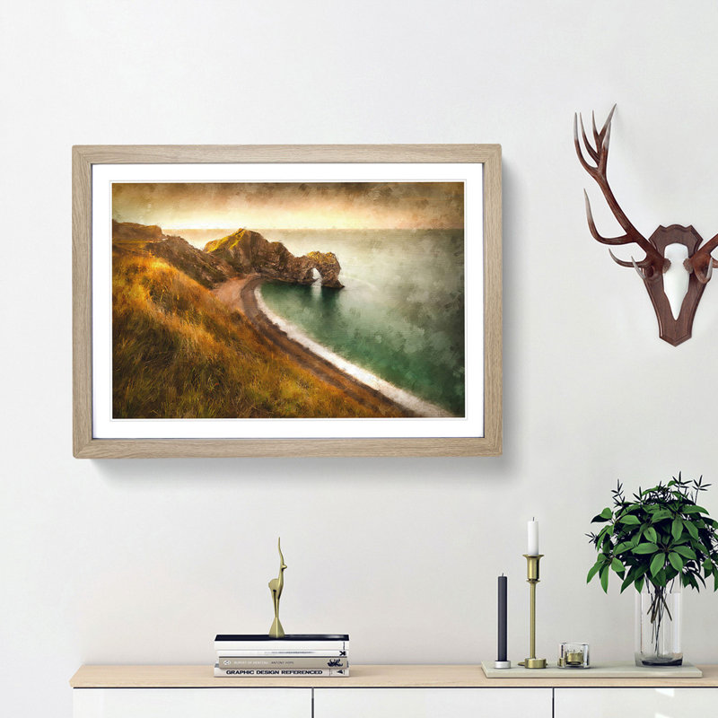 Durdle Door Cliffs Wareham - Picture Frame Graphic Art Print, Oak Framed, 24cm H x 33cm W x 2cm D