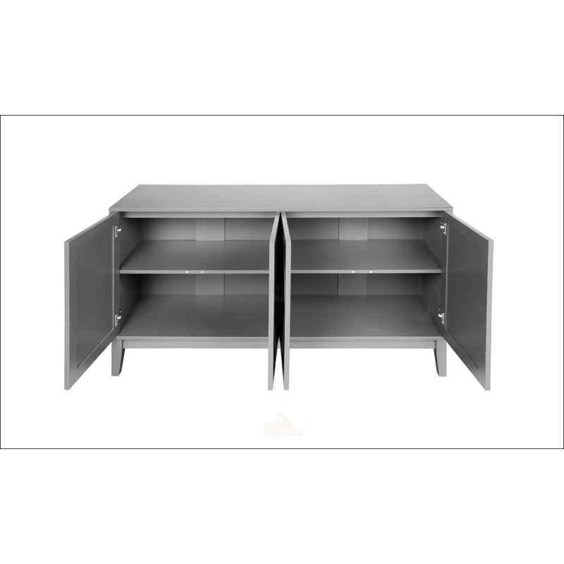 Armoire de rangement rétro à 4 portes avec portes géométriques sculptées à la main, tablettes réglables et pieds surélevés pour un nettoyage facile