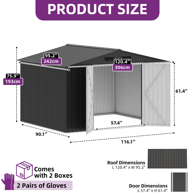 Balconera 10'X8' Large Metal Outdoor Storage Shed, Black
