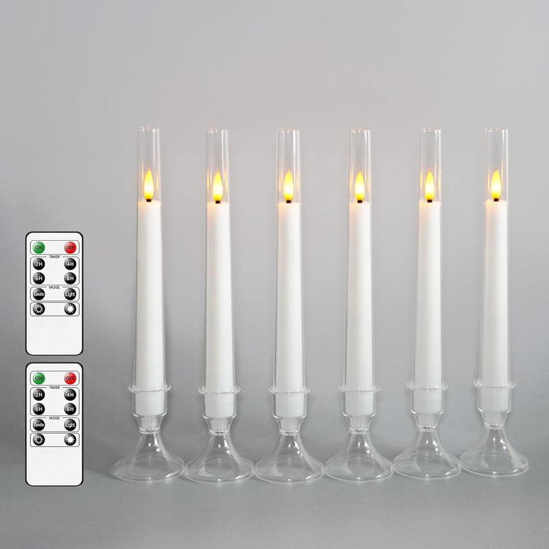Flameless Taper Candles With Remote,6 PC Acrylic Battery Operated Candles With Candlesticks,Flickering Led Window Candles For Home Table And Wedding Decor(White)