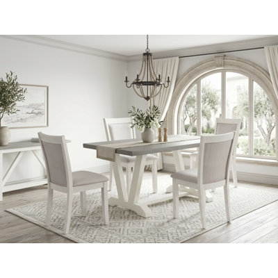 L'ensemble de table de cuisine 5 pièces comprend une table en bois de ciment et 4 chaises rembourrées en tissu crème avec dossier haut - Lin brossé blanc.