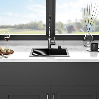 Évier 25 po x 22 po en composite de quartz noir, réduit l'accumulation de saleté dans la cuisine 25 po x 22 po, avancée pour une utilisation silencieuse et hygiénique
