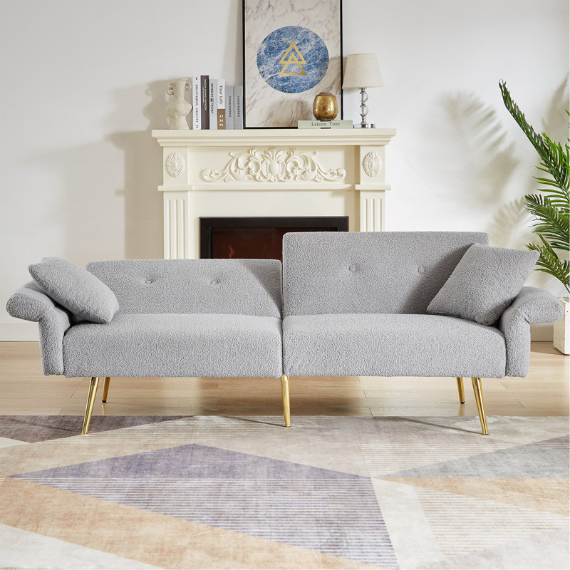 Canapé-lit d'appoint rembourré Modern Modern avec poche latérale, canapé-lit pliant avec accoudoirs pliables, dossier réglable et pieds en métal doré pour le salon, gris