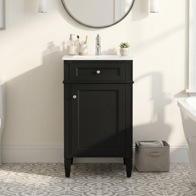 Ensemble de meuble-lavabo autoportant en MDF 18 po avec lavabo intégré en céramique, meuble-lavabo simple noir avec porte à fermeture douce, tablette réglable et pieds pleins