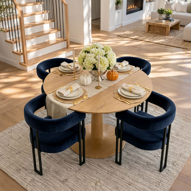 Ensemble de table à manger pour 4 personnes avec table ronde et 4 fauteuils en velours rembourrés, Bleu