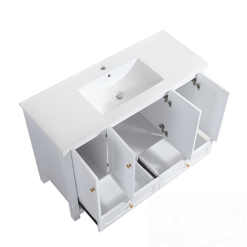 Ensemble de meuble-lavabo avec lavabo en résine, 4 portes à fermeture douce et 2 tiroirs, Blanc