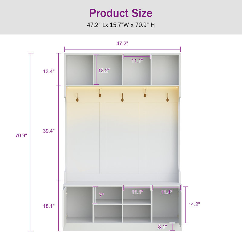 Extra Large Hall Tree with Bench and Shoe Storage, Multi-Purpose Entryway Bench with Coat Rack, 5 Double Hooks and 8 Open Compartments