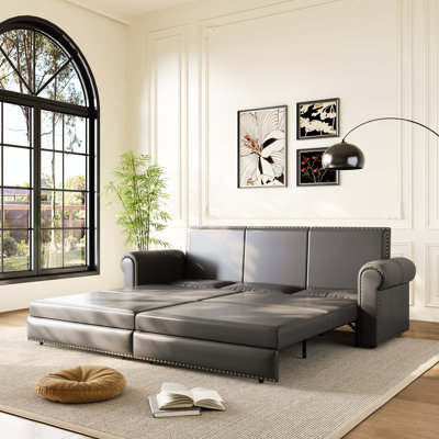 Lit convertible gris en similicuir 31 po avec accoudoirs roulés de 93,7 po pour vous détendre dans la garniture cloutée de votre chambre d'amis