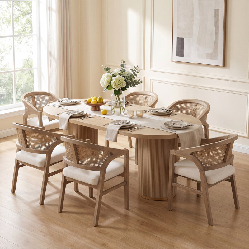 Ensemble de table de salle à manger 6 personnes avec dossier en rotin et base à double piédestal Stanley, Beige/Light Ash