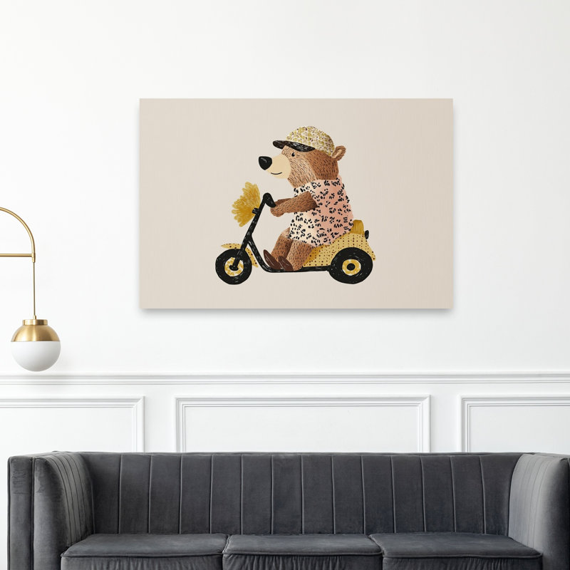 Playful Bear On Scooter Contemporary Wall Art Print by Mathieu - Wrapped Canvas Print, 101.6cm H x 152.4cm W