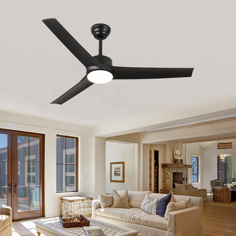 Ventilateur de plafond noir 52 pouces avec lumière, ventilateur de plafond avec 3 pales réversibles, 2 tiges verticales, télécommande à 6 vitesses
