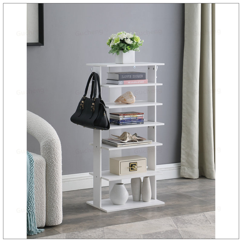 7-Tier Vertical Shoe Rack With Hooks, Space-Saving Entryway Organizer For Multiple Footwear Storage And Easy Access, White