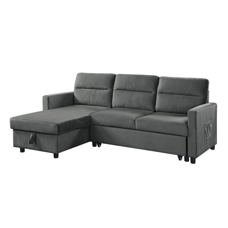 Velvet Reversible Sleeper Sectional Sofa With Storage Chaise And Side Pocket, Dark Gray