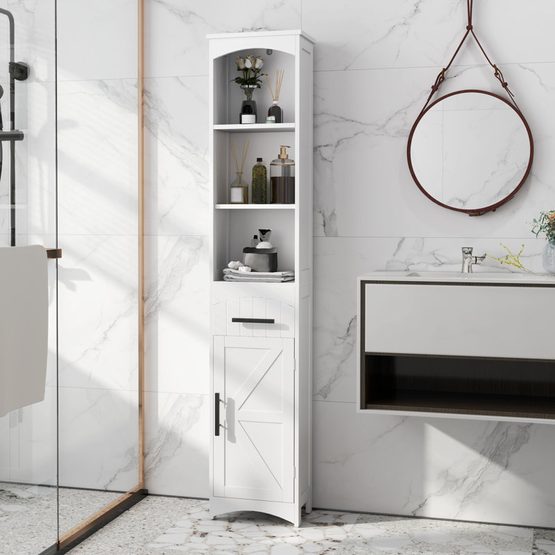 Tall Bathroom Storage Cabinet, Farmhouse Narrow Bathroom Storage Cabinet With Recessed Drawer And Barn Door, Linen Cabinet