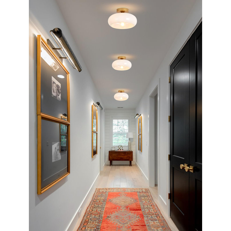 Mid-Century Modern Gold Semi Flush Mount Ceiling Light, Kitchen Ceiling Light Fixture With Glass Shade, Vintage White Close To Ceiling Lamp