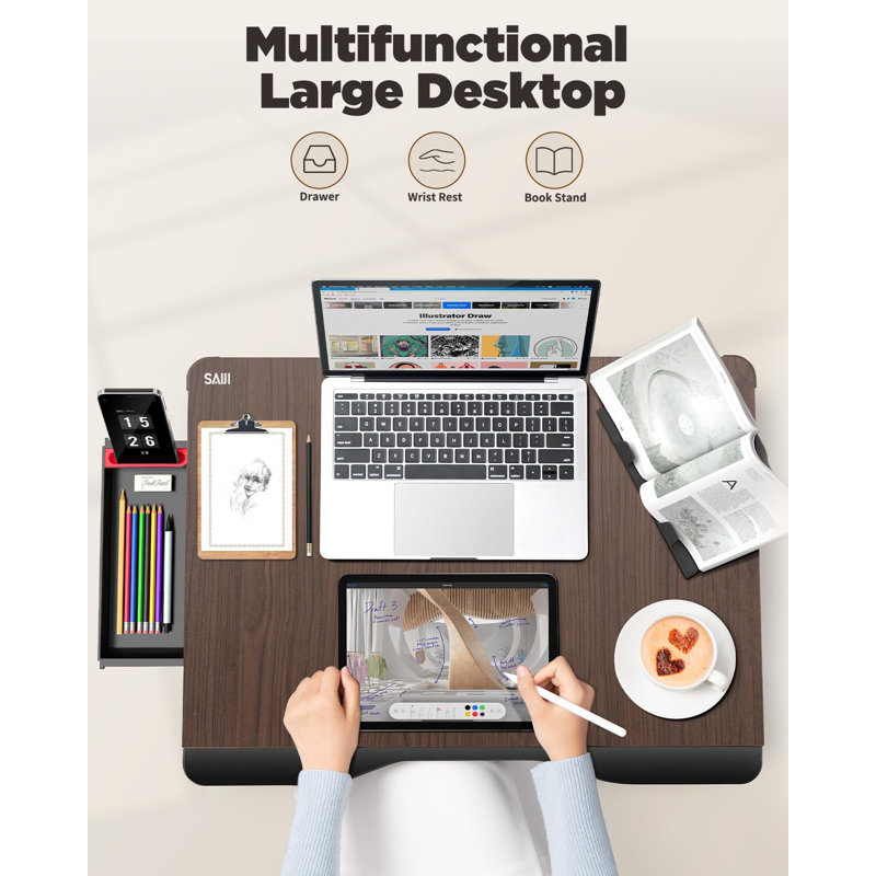 Extra Large Foldable Laptop Bed Desk – Ergonomic, Sturdy, With Storage For Ultimate Comfort, Brown