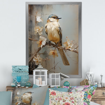 Minimalisme, oiseau beige sur une branche II, impression d'art mural