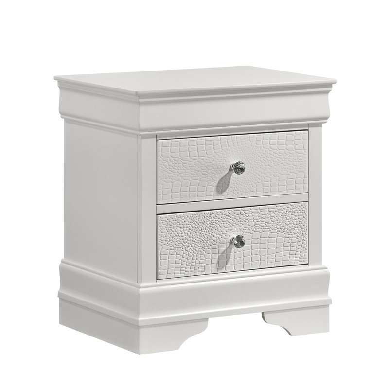 Ensemble de chambre à coucher tapissier standard Mylhana, Blanc, 5 Pcs: Bed, 2 Dressers, Nightstand, Mirror, Grand