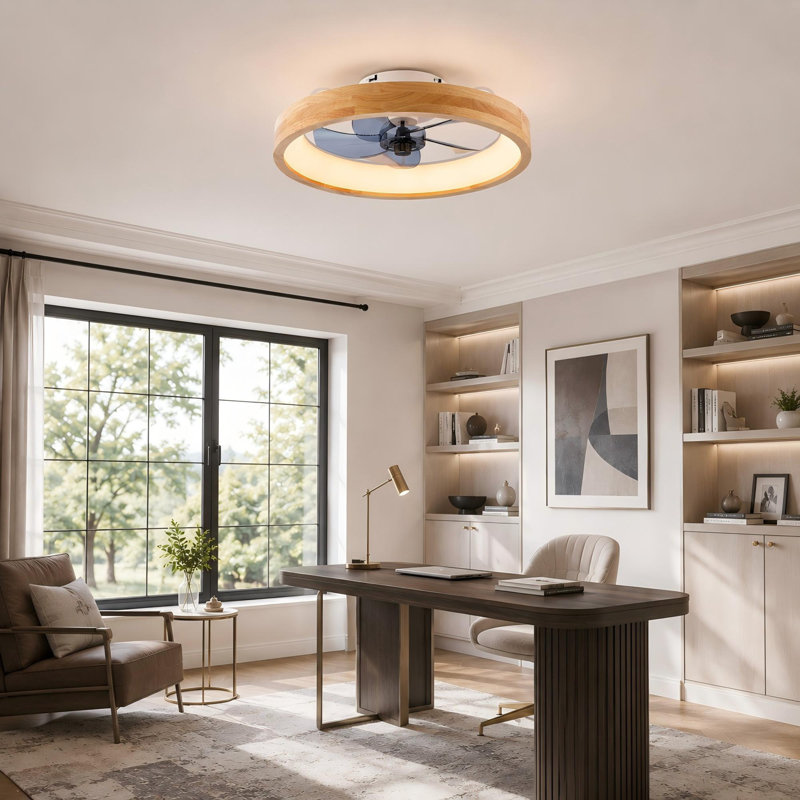 19.7" Natural Wood Caged Flush Mount Ceiling Fans 