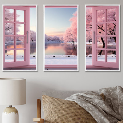 «Pink Winter Window By The Lake», art mural paysage d'hiver