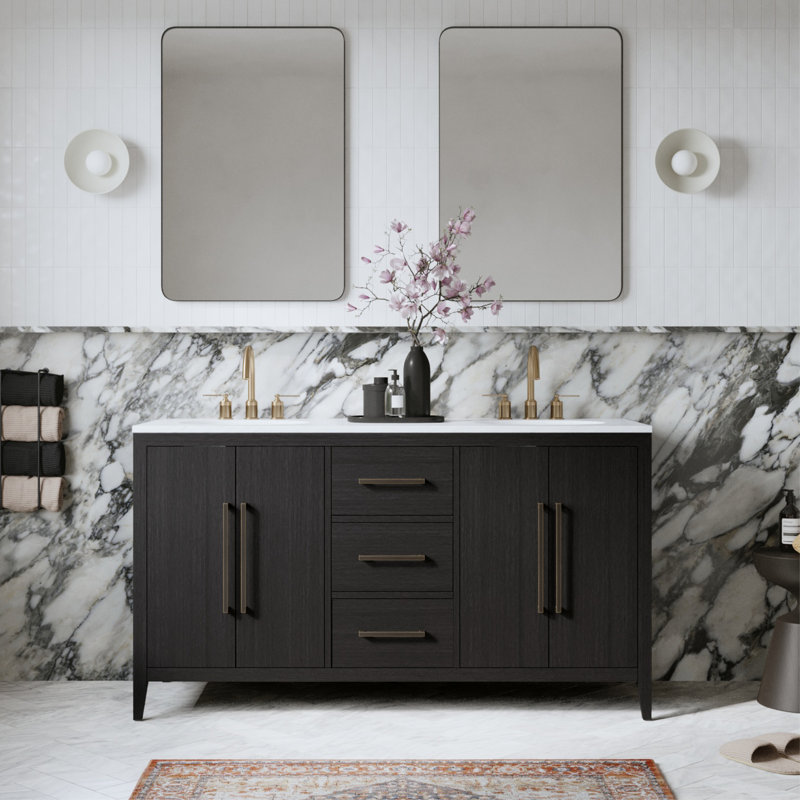 Alsup 60'' Double Bathroom Vanity with Quartz Top, Dark Weathered Oak