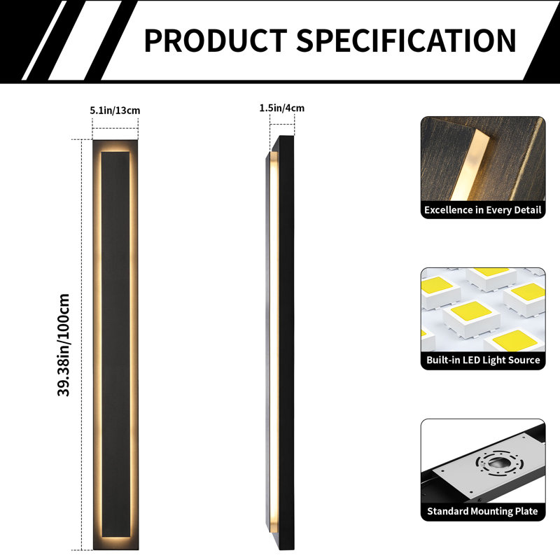 Ensemble de 2 appliques murales 39,3 po Adali., H 39,3 po x l 5,1 po x P 1,5 po, Noir mat