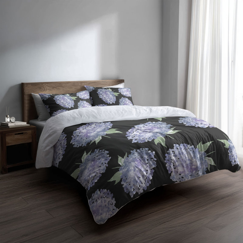 Ensemble d'édredon léger Hydrangea Love, Édredon simple + 2 taies d'oreiller standard, Gris anthracite