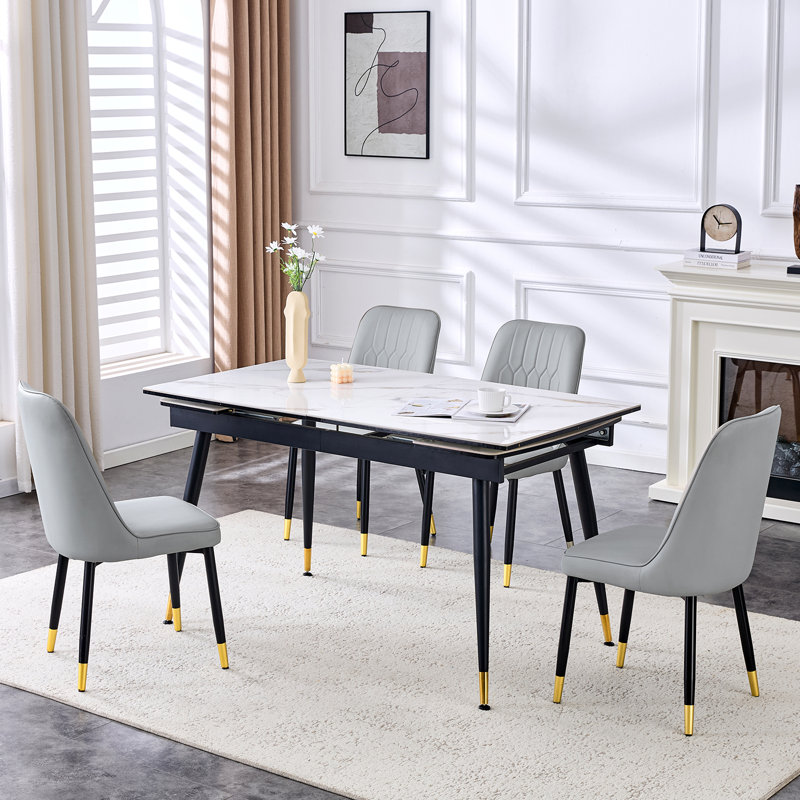 Ensemble de table de salle à manger en pierre frittée extensible de 55 à 79 po avec rallonge cachée et pieds en métal