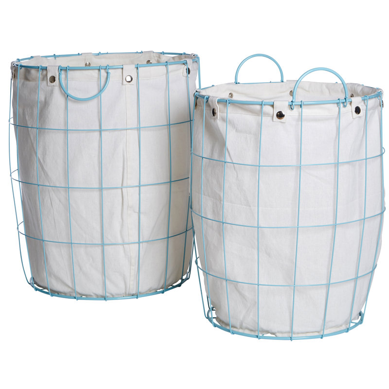 Fabric Laundry Basket with Handles, White/Blue