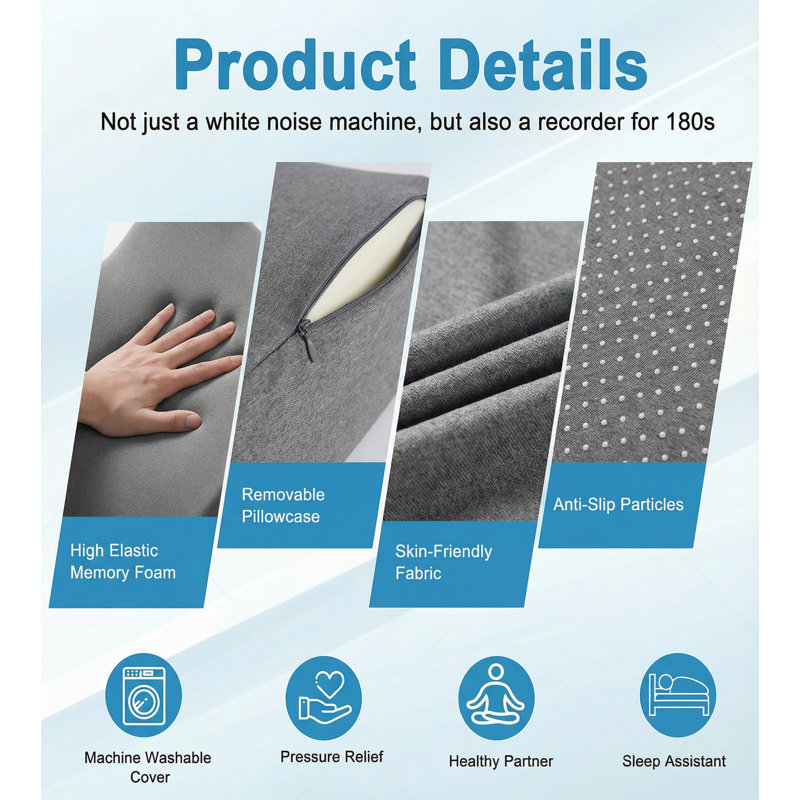 Multi-Functional Memory Foam Bed Pillow - Reading Wedge Pillow for Ergonomic Back Support, Washable Cover, Gray