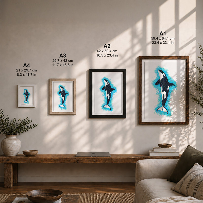 Whale in Blue Coastal 1 Piece Single Picture Frame Wall Art, A2 - 59.4 x 42.0 cm, Black