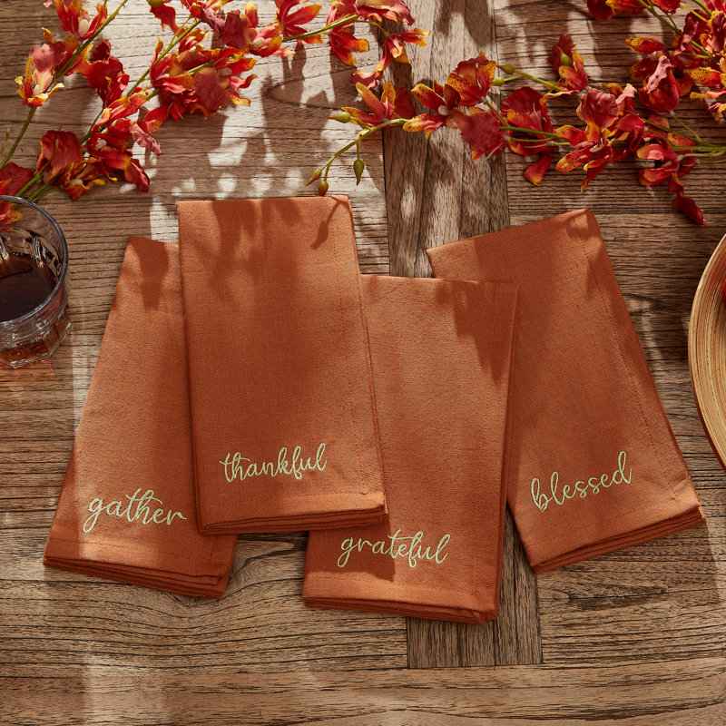 Aveneet 100% Cotton Harvest Sentiments Embroidered Square Napkin, Rust