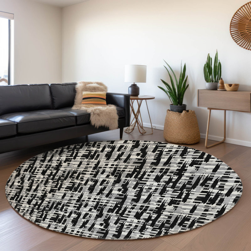Premium Machine Washable Crumley AMF1059 Lines Rug_AMF1059BK, Round 8'