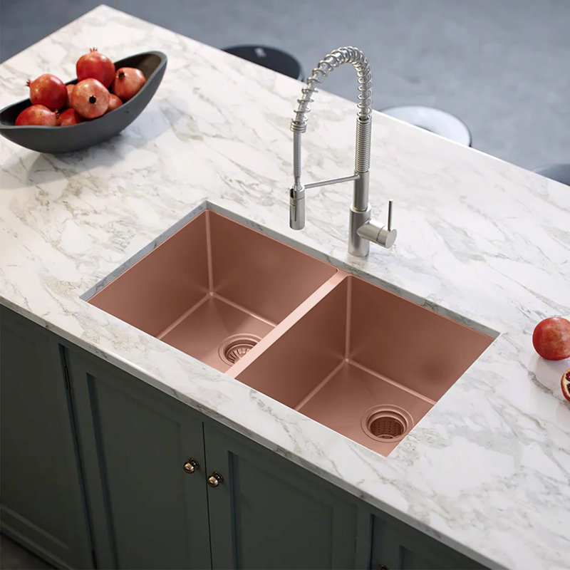 KDK HOME 32" Undermount Kitchen Sink 50/50 Double Bowl Stainless Steel Sink, Rose Gold