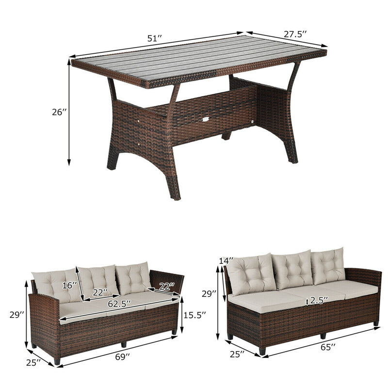 Collegedale 6 - Person Wicker Patio Dining Set with Rectangular Table , Cushions Included