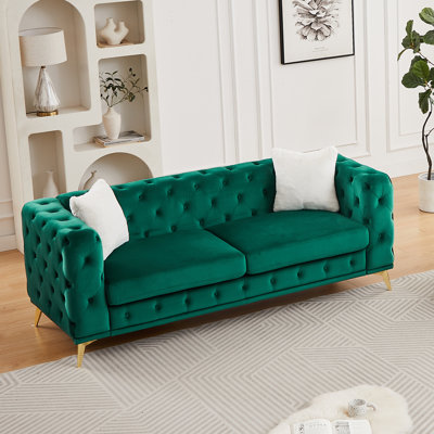 [Video] Classic modern sofa: 82.5-inch Chesterfield-style sofa with tufted detailing and luxurious velvet upholstery, featuring 2 throw pillows and metal legs,green