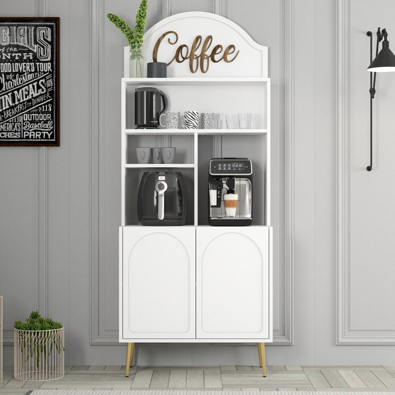 Modern Coffee Bar Cabinet, White & Gold | 100% Melamine Coated Particle Board, Dimensions: 32.0 x 79.2 x 13.8 inches | Multiple Shelves, Stylish Design, Perfect for Home Entertaining & Storage Solutions