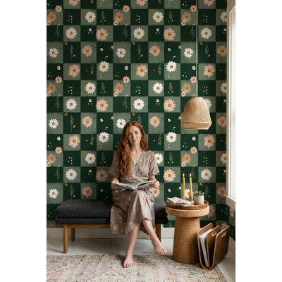 Checkered Wallpaper Daisy Dark Green Decorative Mural
