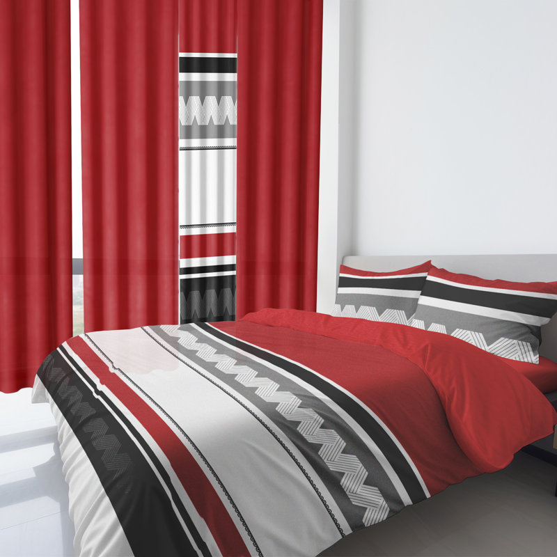Ensemble d'édredon pour grand lit 9 pièces, lit de luxe toutes saisons dans un sac pour la chambre à coucher, avec rideaux assortis, microfibre douce, rayures rouges et noires