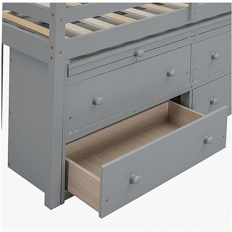 Lit mezzanine double avec bureau réglable et 4 tiroirs, lit mezzanine en bois avec bureau portatif latéral et tablette, gris