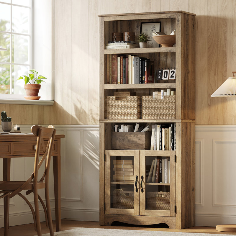 Kistner 72" Tall Bookcase With Tempered Glass Doors, 6 Shelf Large Storage Cabinet, Brown