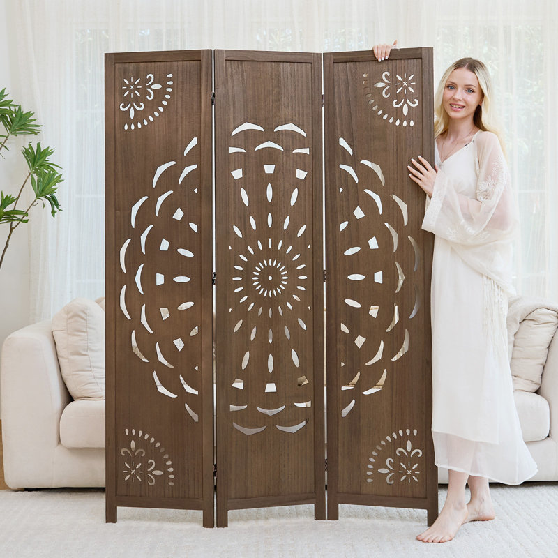 Peony Pattern Room Divider, 3-Panel, Light Brown, Brown, 3