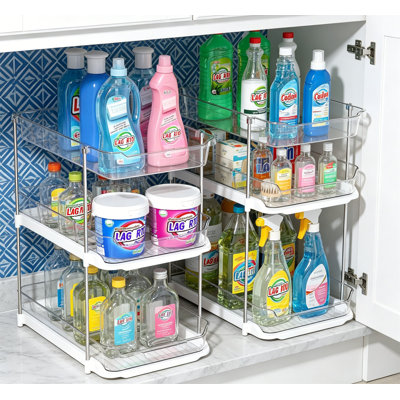 2 Sets 3-Tier Under Sink Organizer, Stackable Pull Out Clear Cabinet Storage with Dividers