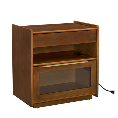Mid Century Modern Nightstand With Charging Station & Outlet Hole & 2 Drawers, Farmhouse End Table With Open Shelf & Glass Drawer Dresser