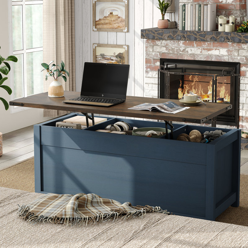 Table basse Jaquavion, table basse à plateau relevable avec rangement caché et porte de grange coulissante pour le salon