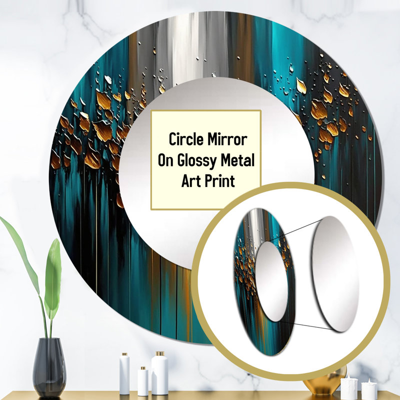 Oplis Abstract Geometric Green And Gold - Geometric Mirror, Modern Unique Wall Mirror, Printed Metal Art, 23" x 23", Round