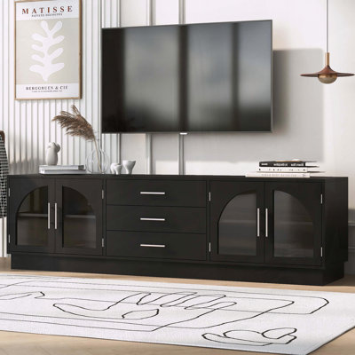 Meuble télé moderne avec portes en verre arquées et tablettes réglables pour téléviseurs de 75 po ou moins