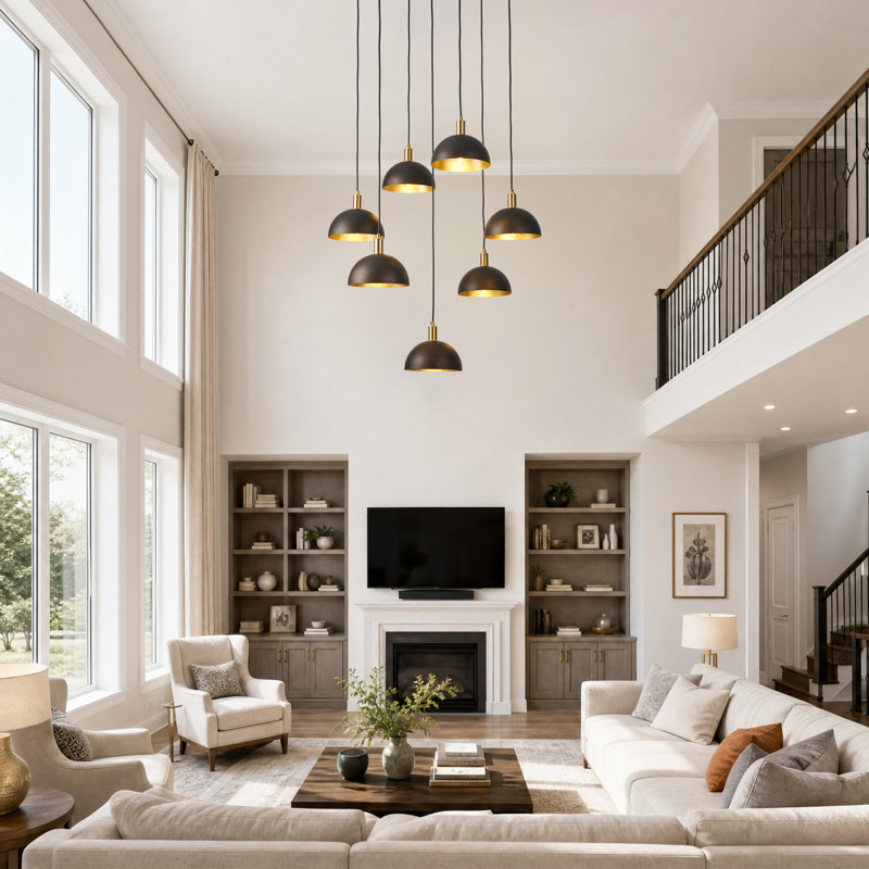 Lustre moderne à 7 lumières de 66 cm (26 po) en noir et laiton avec suspensions en forme de dôme réglables