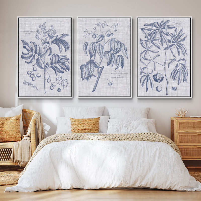 Ensemble de 3 pièces encadrées sur toile, marine et lin, H 36 po x l 72 po, Blanc
