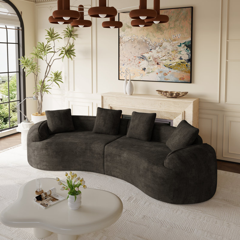 2-Piece Curved Compressed Boneless Sectional Sofa, Symmetrical Modular Design, Brown Chenille